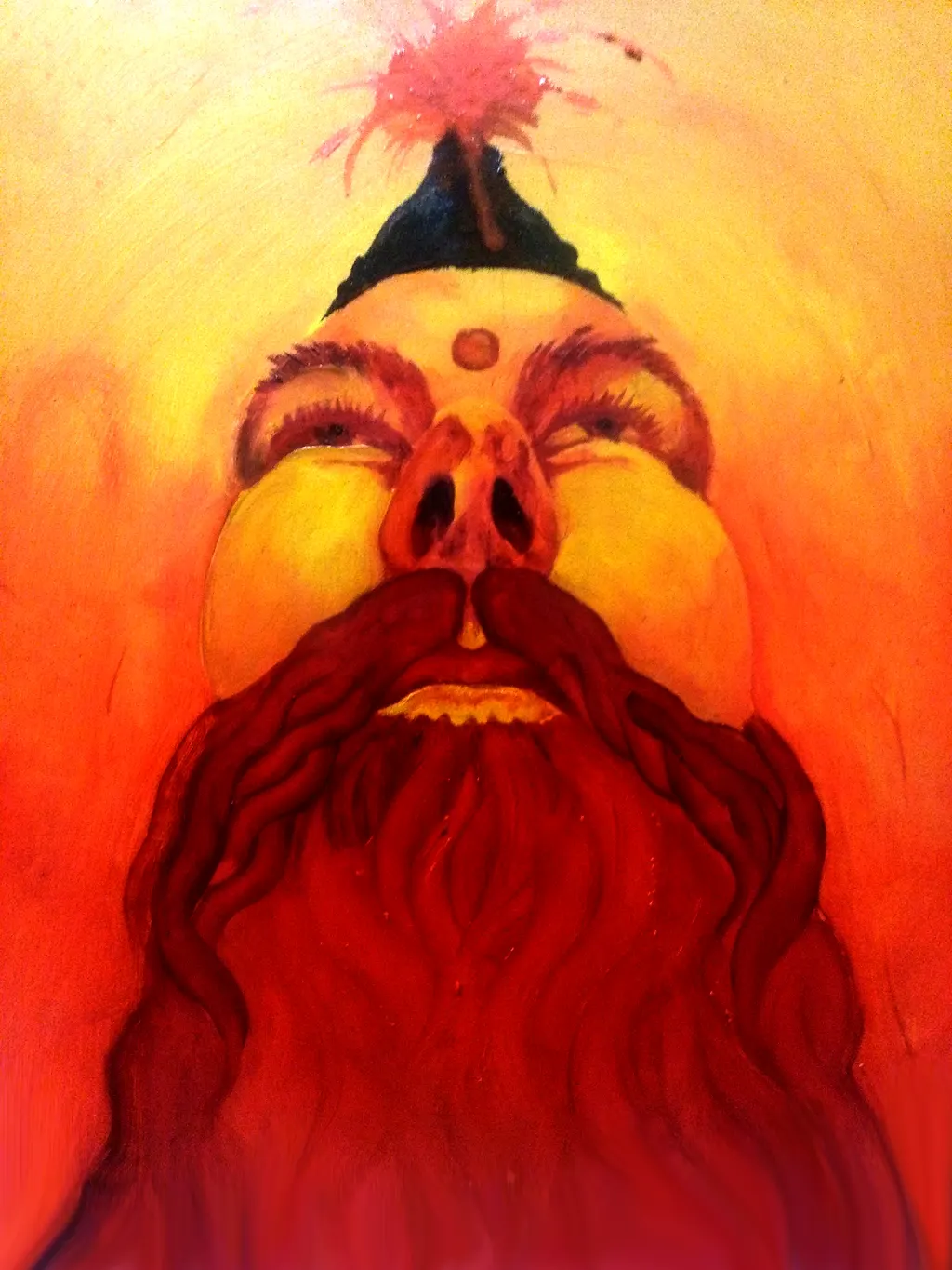 A face seen from below, red beard, on red and yellow